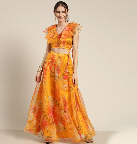 Yellow & Red Printed Ready to Wear Organza Lehenga